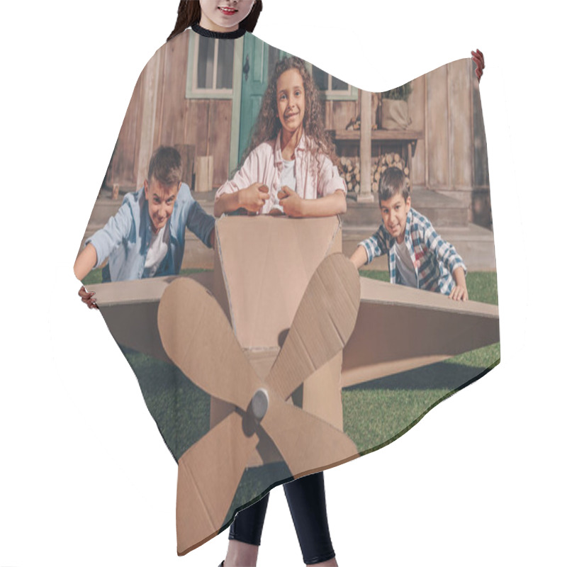 Personality  African American Girl In Cardboard Airplane Hair Cutting Cape