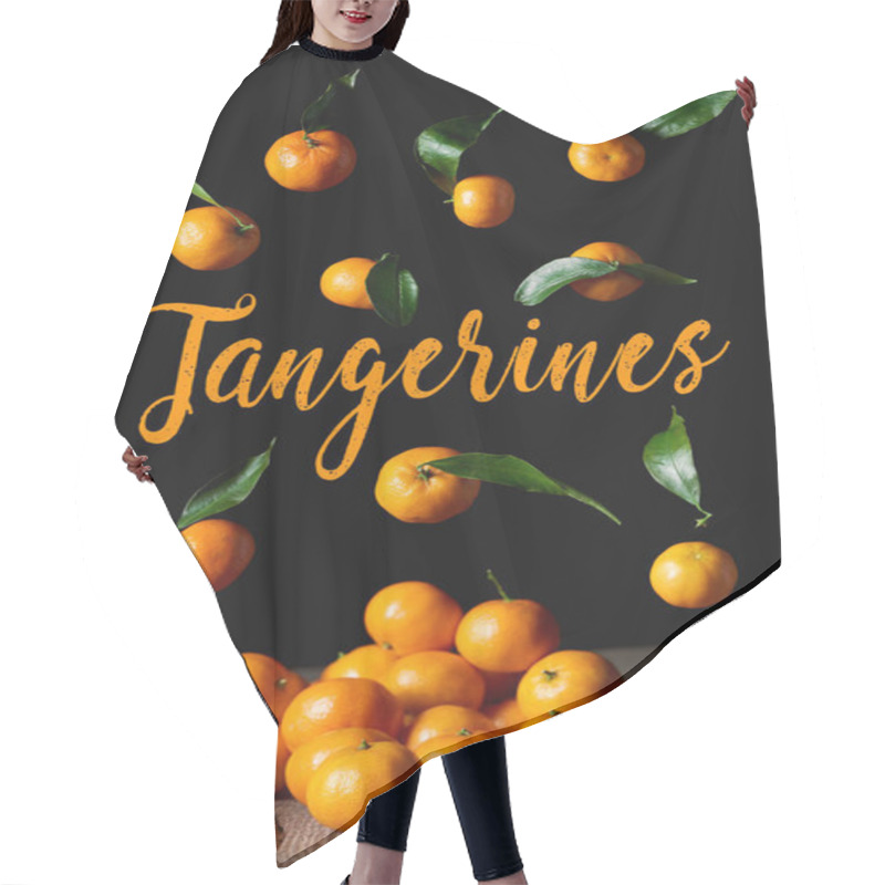 Personality  Organic Tangerines With Green Leaves Isolated On Black Hair Cutting Cape