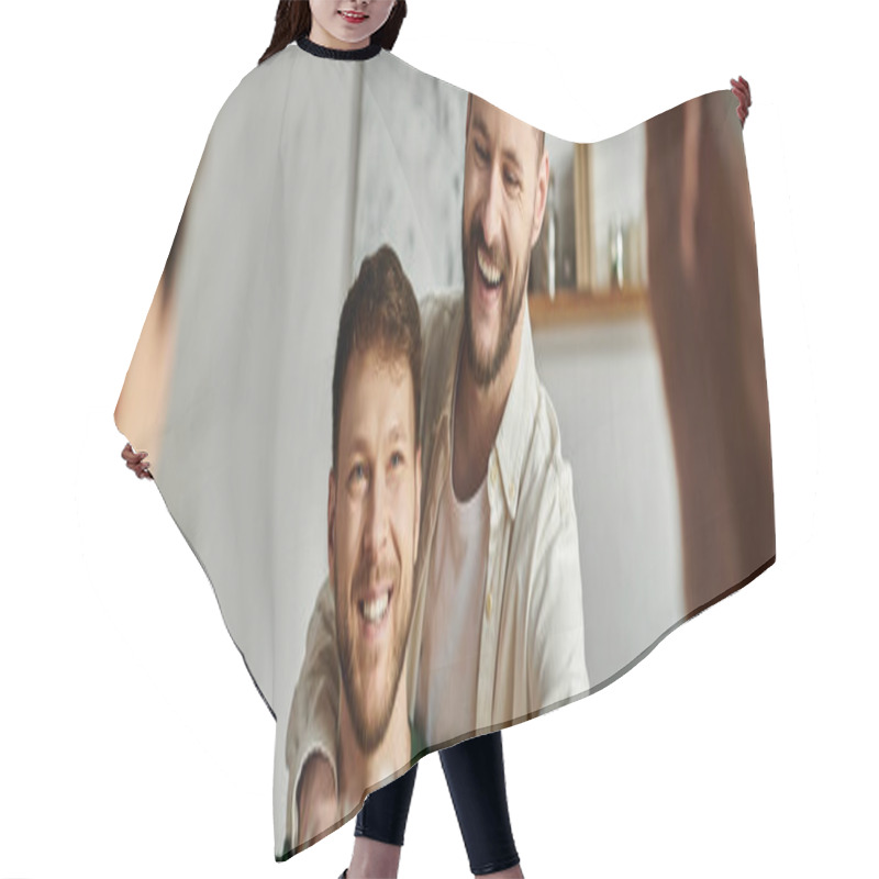 Personality  A Gay Couple Smiles And Laughs While Meeting Parents At Home. Hair Cutting Cape