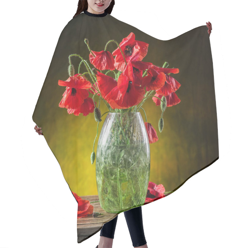 Personality  Bouquet Of Poppy Flowers In The Vase On The Wooden Table. Hair Cutting Cape