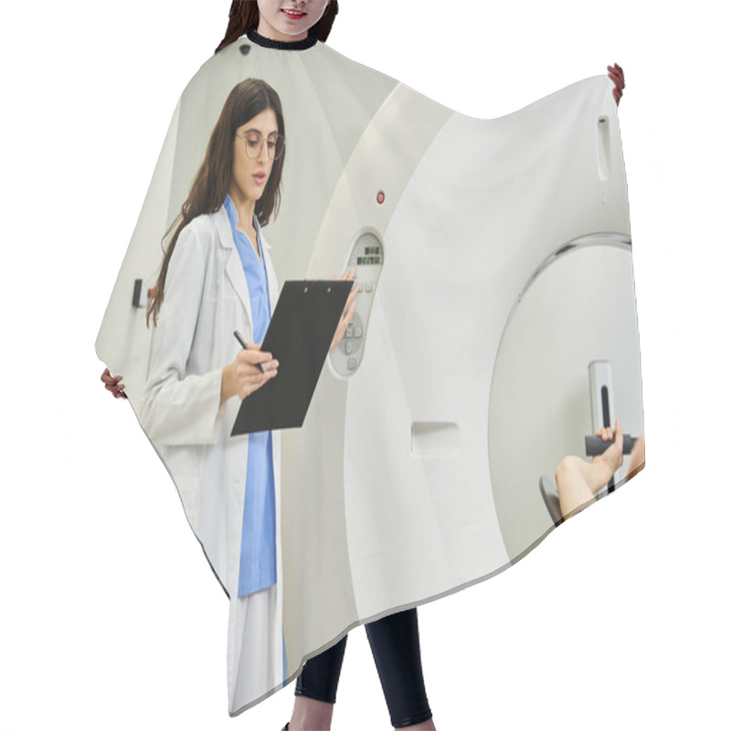 Personality  A Female Doctor In A Lab Coat Stands By An MRI Machine, Preparing For Patient Diagnostics. Hair Cutting Cape