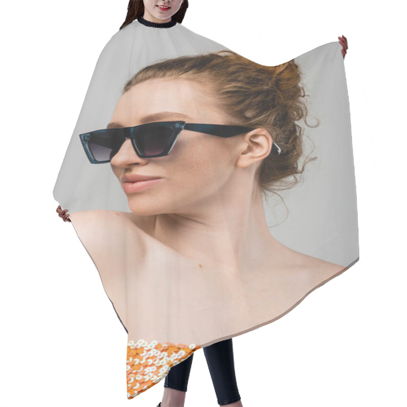 Personality  Fashionable Young Redhead Woman In Sunglasses And Top With Orange Sequins And Naked Shoulders Posing Isolated On Grey Background, Trendy Sun Protection Concept, Fashion Model  Hair Cutting Cape