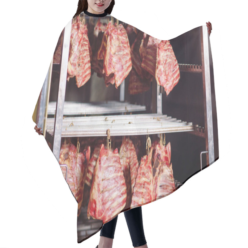 Personality  Smoking Meat In The Smokehouse, The Meat Industry. Hair Cutting Cape