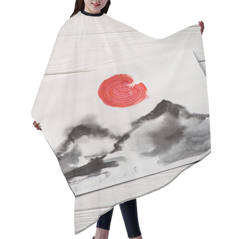 Personality  Top View Of Paper With Japanese Painting With Hills And Red Sun On Wooden Background Hair Cutting Cape