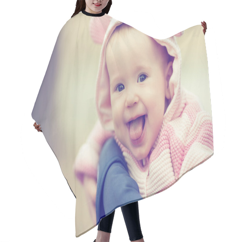 Personality  Happy Smiling Baby Girl In Pink Hood With Ears Hair Cutting Cape