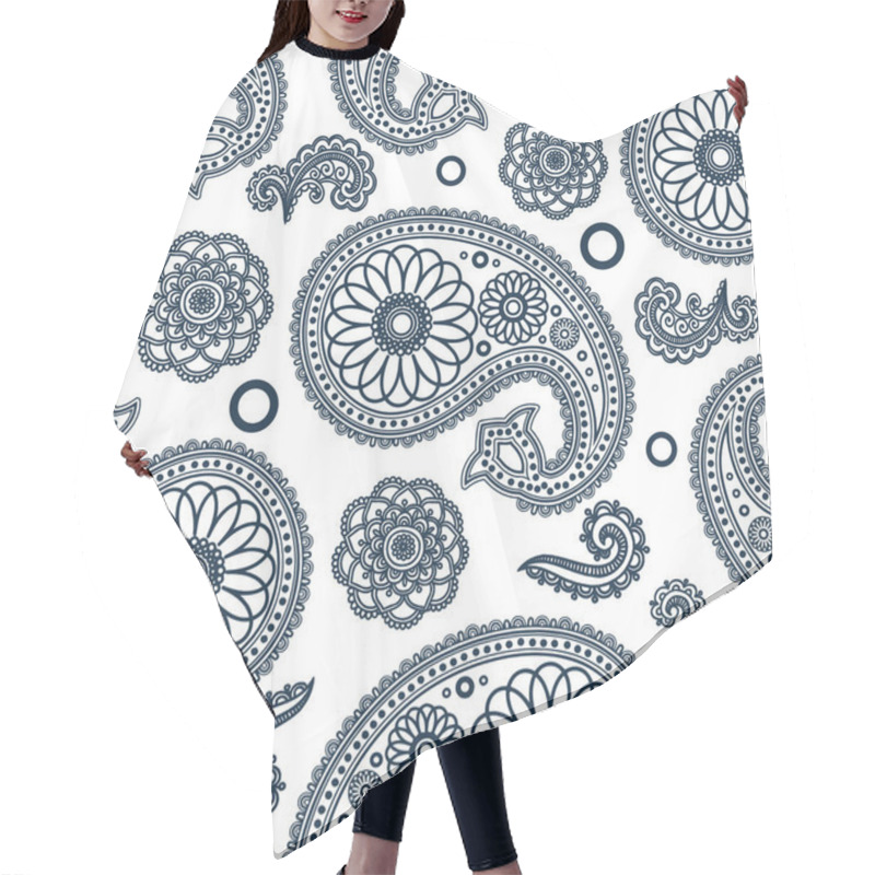 Personality  Seamless Pattern With Navy Blue Floral Traditional Indian Paisley Decoration On White Background Hair Cutting Cape