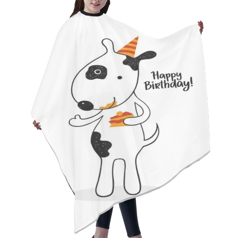 Personality  Funny Hand Drawn Dog Eating Cake In A Birthday Hat. Happy Birthday Flat Vector Illustration With Text For Gift Cards Hair Cutting Cape