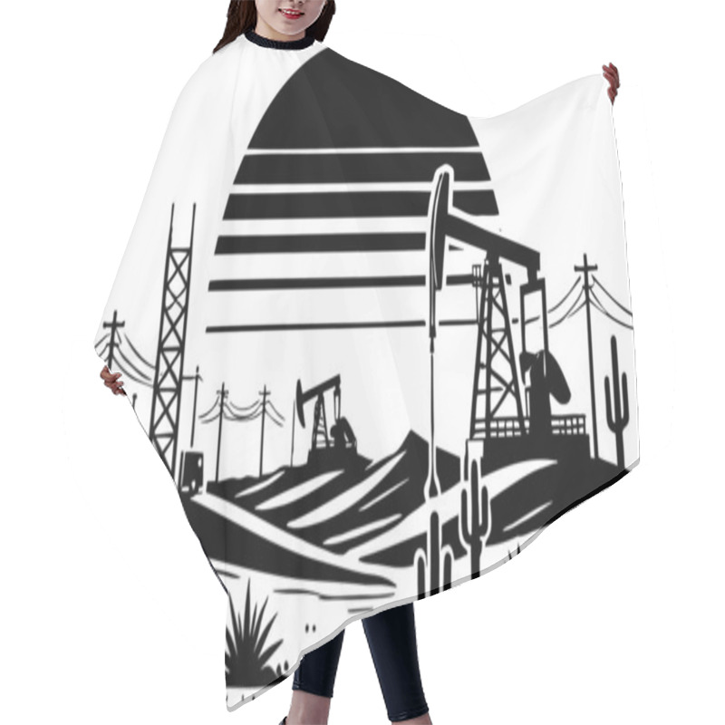 Personality  Desert Oil Field Industrial Landscape With Silhouette Sunset Design Hair Cutting Cape