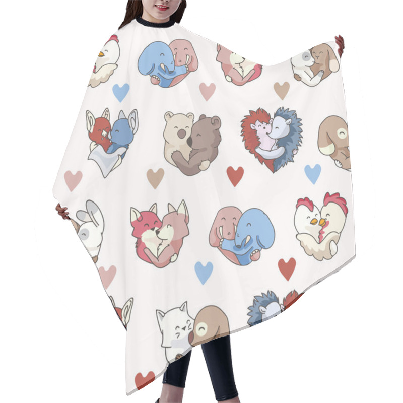 Personality  Vector Cute Animal Hug Hearts. Seamless Repeat Pattern. Hand Drawn 2 Animal Couples Hugging For Romantic Valentines Day, Wedding Or Love Is All You Need Background. Free Hug Concept. Hair Cutting Cape