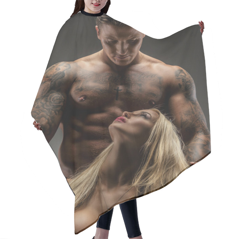 Personality  Man And Woman Posing In Studio Hair Cutting Cape