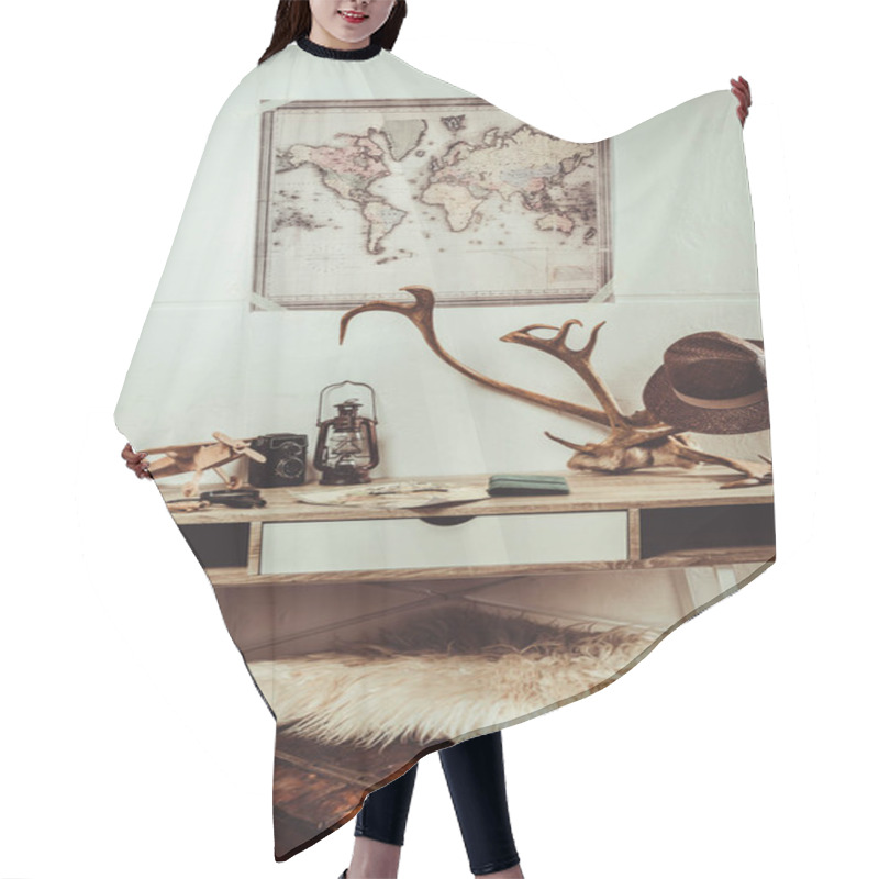 Personality  Close Up View Of Table With Map, Magnifying Glasses And Various Decorations Hair Cutting Cape