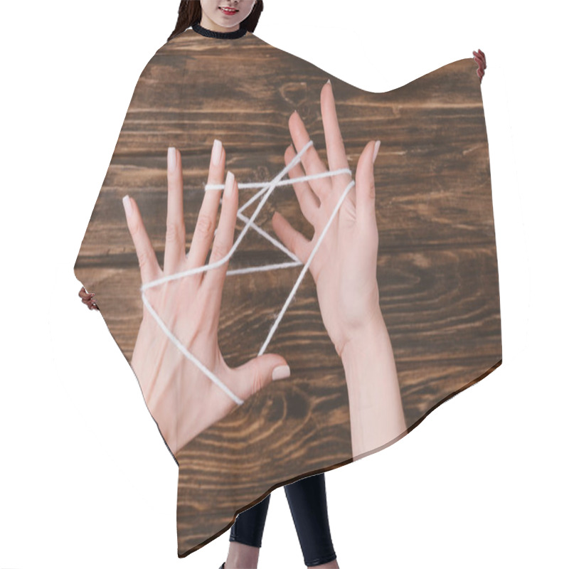 Personality  Partial View Of Woman Holding White Yarn For Knitting On Hands On Wooden Tabletop Hair Cutting Cape