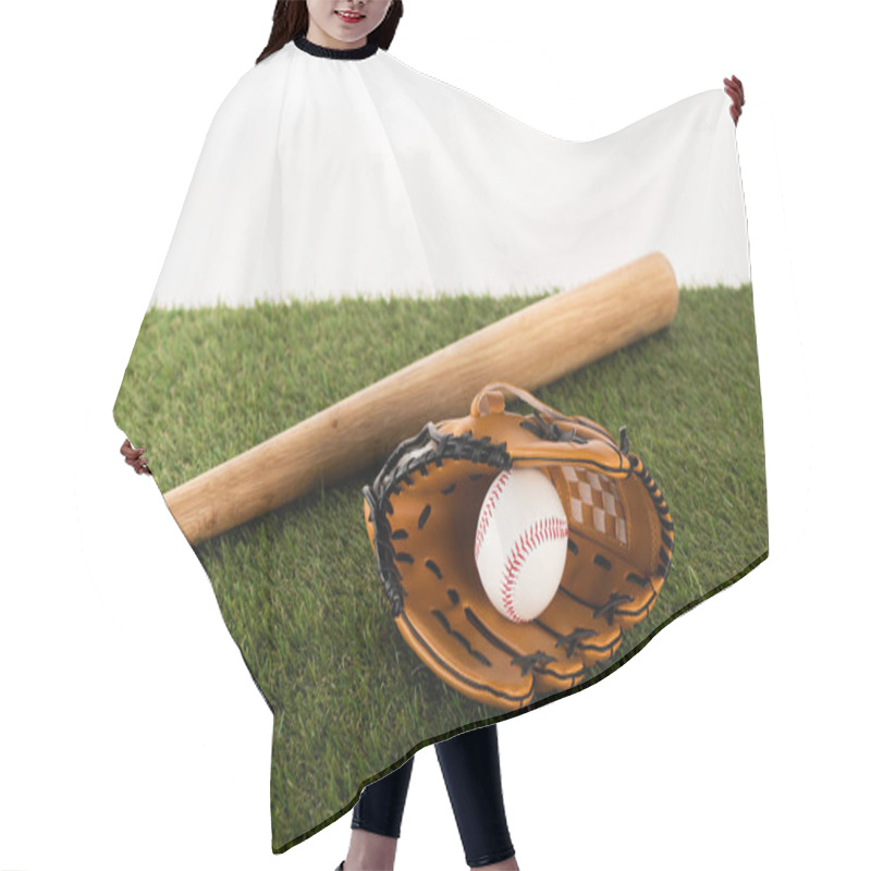 Personality  Baseball Bat, Glove And Ball On Green Grass Isolated On White, Sports Betting Concept Hair Cutting Cape