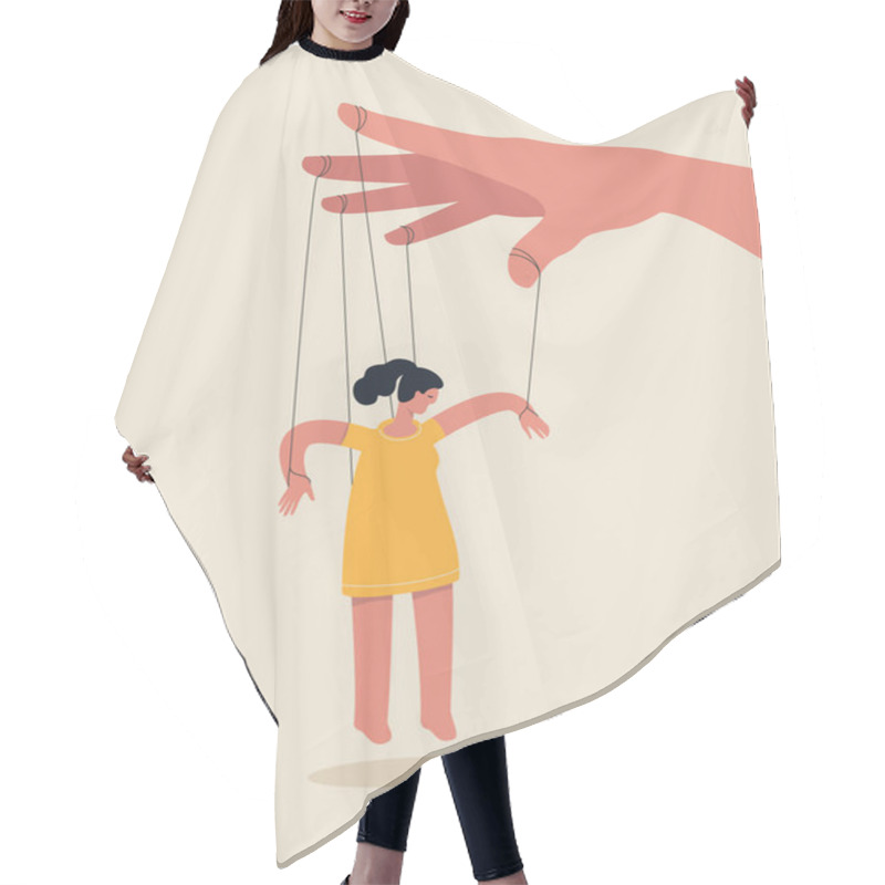 Personality  Woman As Puppet Controlled By Big Hand Puppeteer. Manipulation Concept. Vector Illustration Hair Cutting Cape