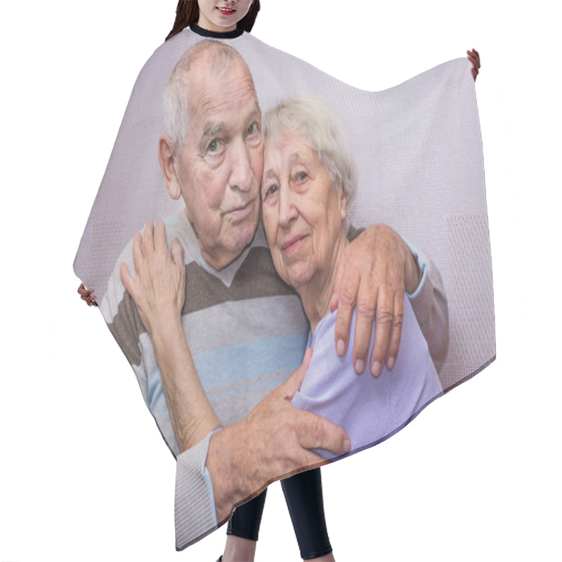 Personality  Happy Senior Old Man And Woman Embracing Looking At Camera, Romantic Family Couple, Love Care Devotion In Senior People Marriage Hair Cutting Cape