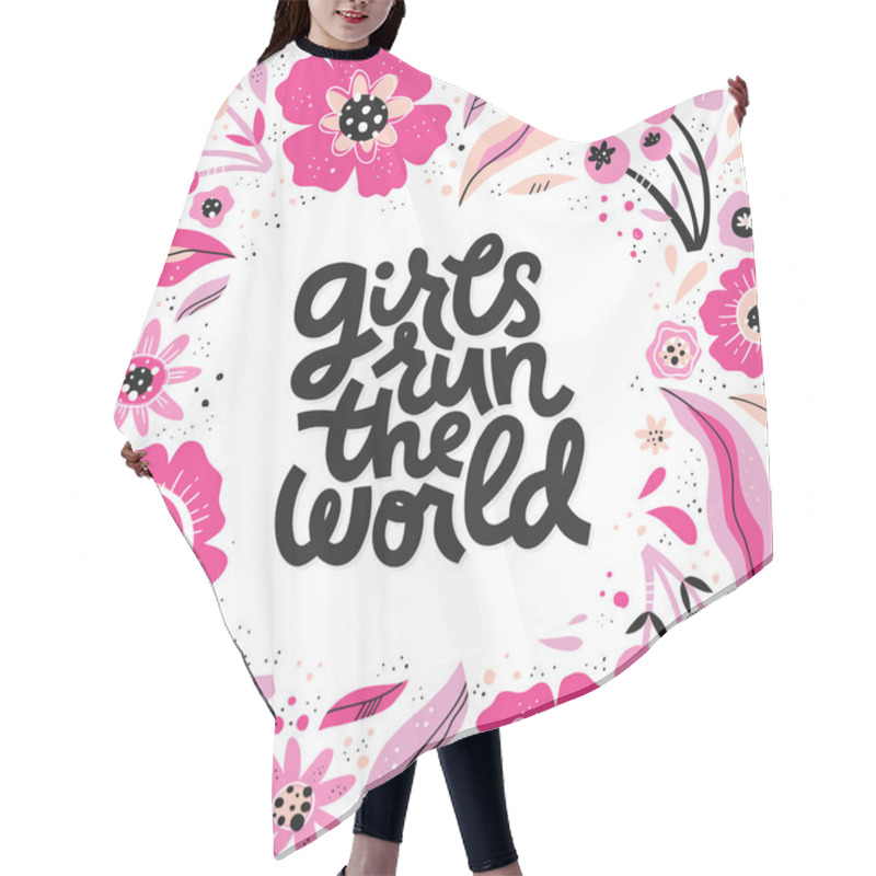 Personality  Girls Run The World Hand Drawn Vector Lettering Hair Cutting Cape