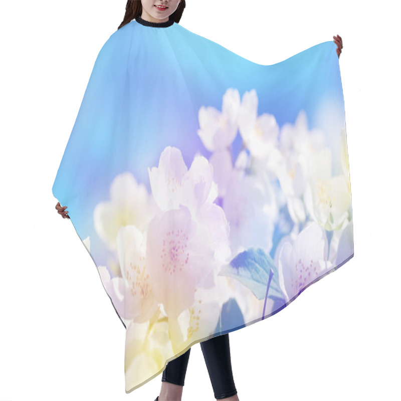 Personality  Blossoming Bird Cherry Branches On A Bright Blue Background.  Hair Cutting Cape