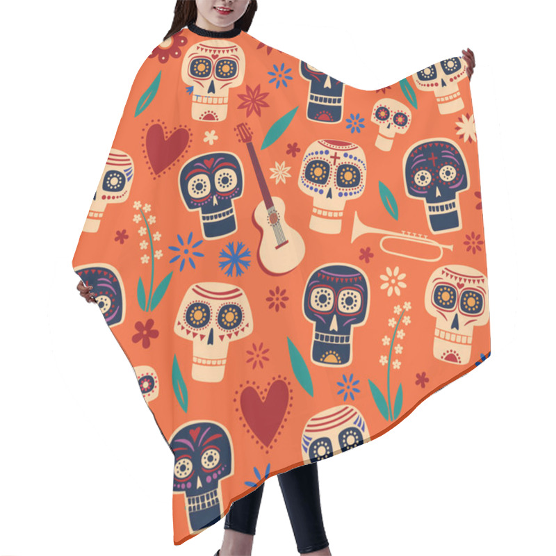 Personality  Seamless Pattern Day Of The Dead.  Decorative Skulls And Flowers On An Orange Background. Vector Full Color Graphics Hair Cutting Cape