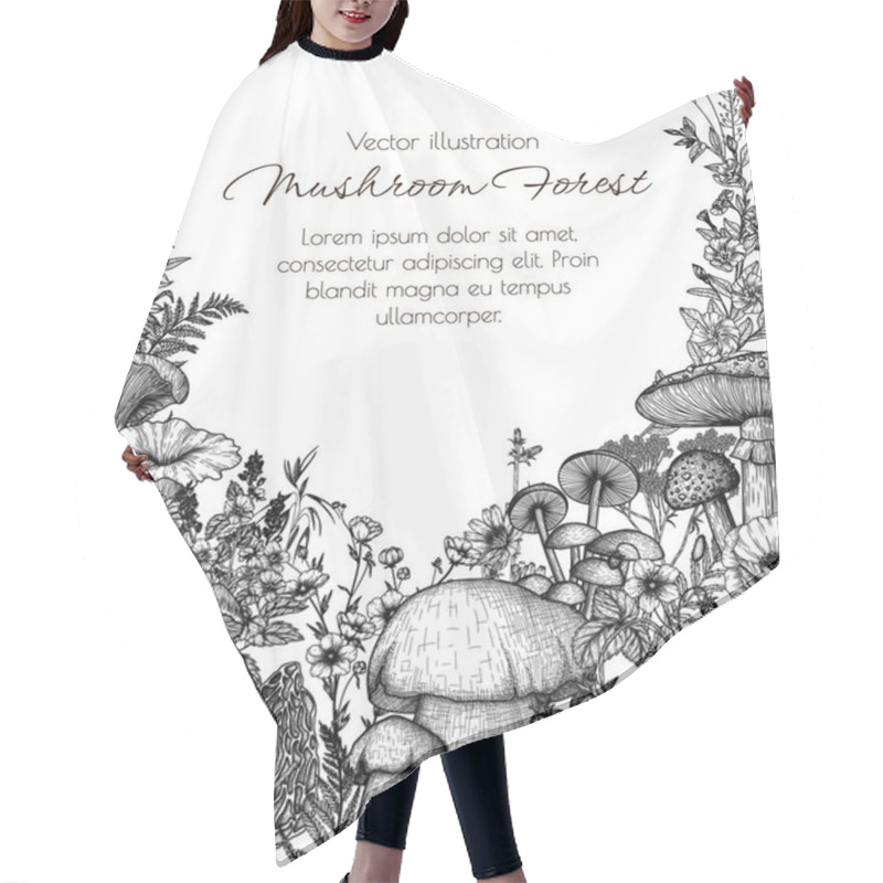 Personality   Vector Forest Frame With Mushrooms, Plants, Herbs. Fly Agaric, Chanterelles, White Mushroom, Morels, Mycena, Chicory, Chamomile, Poppy, Buttercups, Veronica, Periwinkle, Clover, Bluebells, Wild Strawberries Hair Cutting Cape