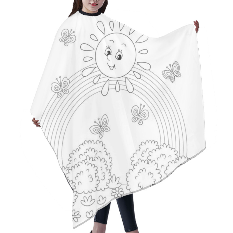 Personality  Friendly Smiling Sun With A Rainbow And Butterflies Merrily Flittering Over A Pretty Field With Flowers And Bushes After Warm Summer Rain, Black And White Outline Vector Cartoon Hair Cutting Cape