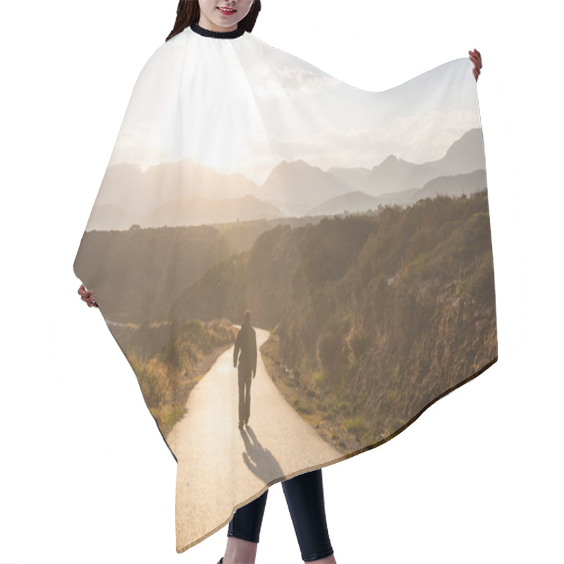 Personality  Scenic Road In The Mountains. Travel Background. Man Going On Sunrise Background. Hair Cutting Cape