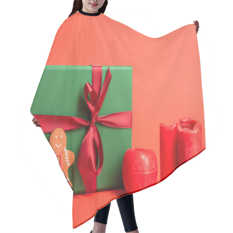 Personality  Gingerbread Cookie Near Green Wrapped Present And Candles On Red Hair Cutting Cape