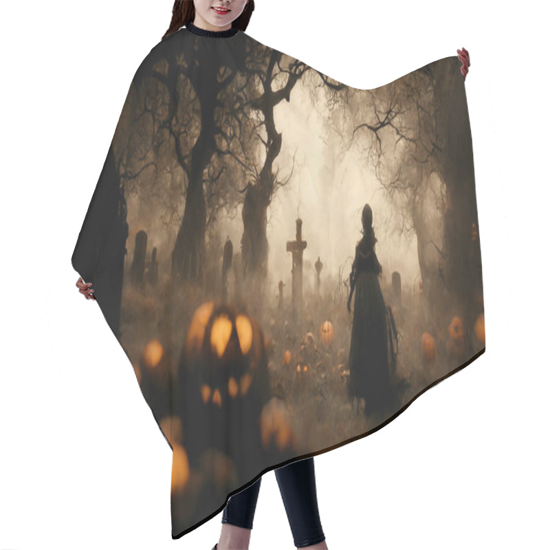 Personality  3D Illustration Of A Halloween Concept Dark Background Of A Castle And Graveyard. Horror Background In Foggy Weather. Happy Halloween Hair Cutting Cape