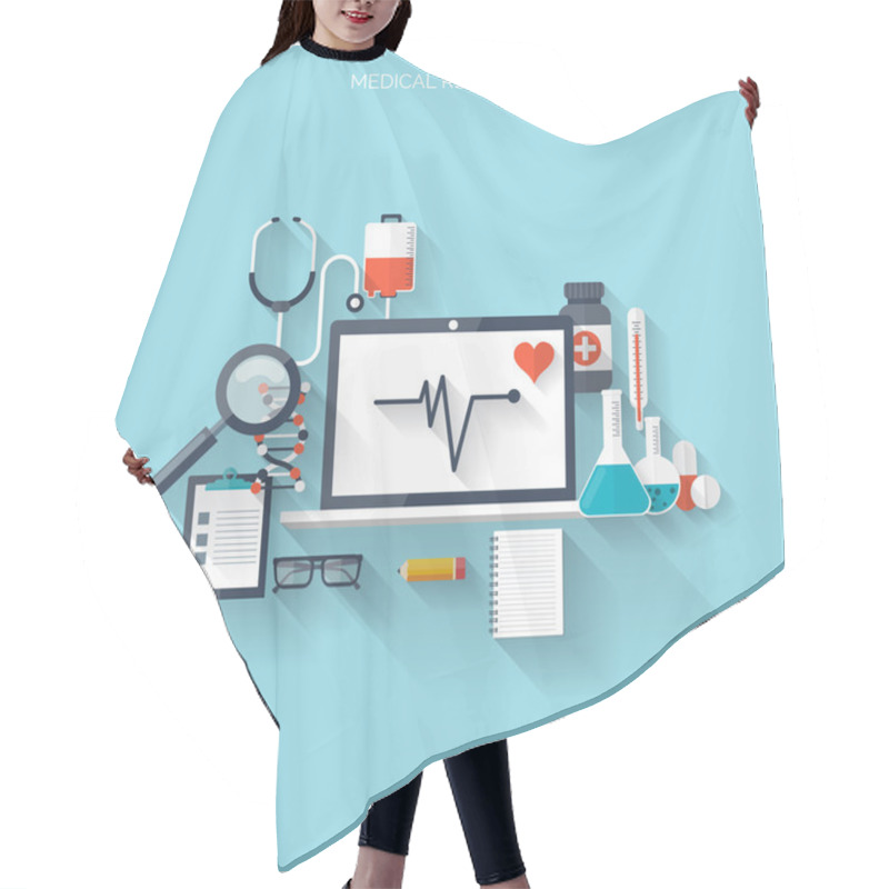 Personality  Flat Health Care And Medical Research Background. Healthcare System Concept. Medicine And Chemical Engineering. Hair Cutting Cape