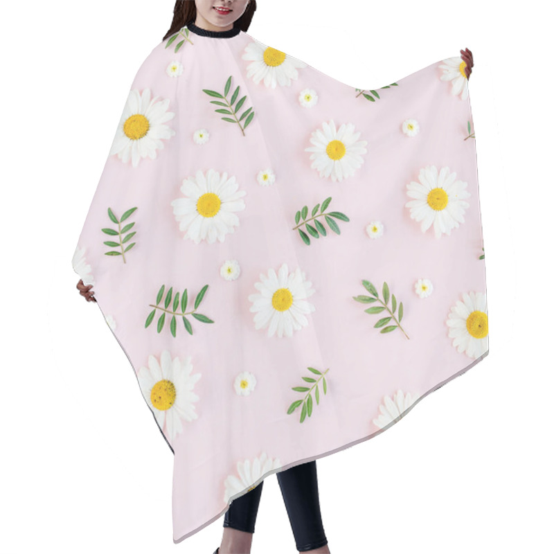 Personality  Pattern Made Of Chamomiles, Petals, Leaves On Pink Background. Flat Lay, Top View Hair Cutting Cape