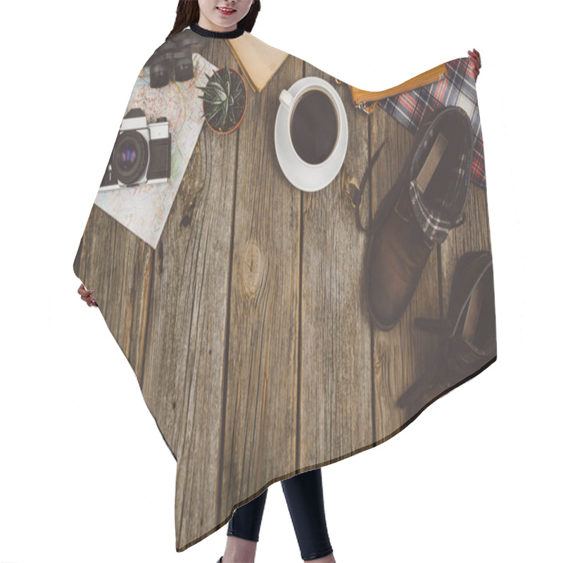 Personality  Travel Accessories Top View On Wooden Background With Copy Space Hair Cutting Cape