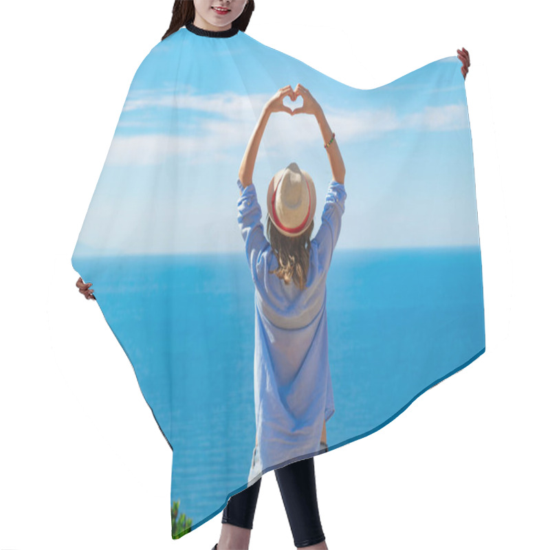 Personality  Woman In Summertime With Tropical Ocean Scenery. Hair Cutting Cape