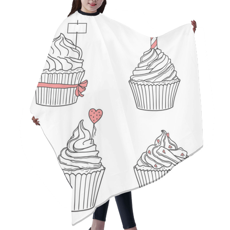 Personality  Set Of Hand Drawn Cupcakes With Candle, Ribbon, Note And Heart Decorations Hair Cutting Cape