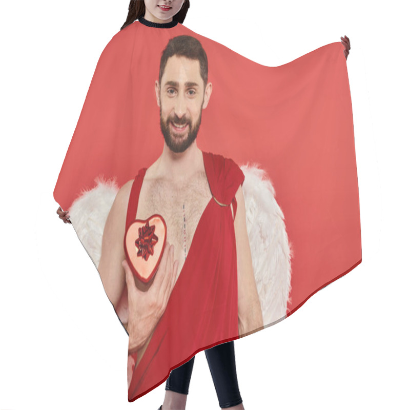 Personality  Smiling Bearded Cupid Man Showing Heart-shaped Gift Box On Red, St Valentines Day Themed Event Hair Cutting Cape