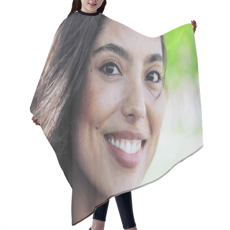 Personality  Close-up Of Charming Smiling Model Hair Cutting Cape