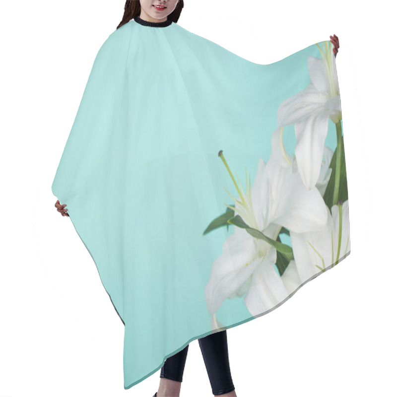 Personality  White Lilies With Green Leaves Isolated On Turquoise Hair Cutting Cape