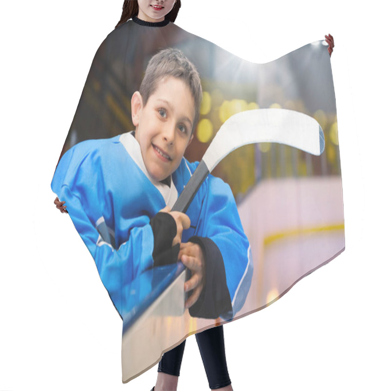 Personality  Portrait Of Happy Boy, Ice Hockey Player,  Leans On The Boards Of The Rink Hair Cutting Cape