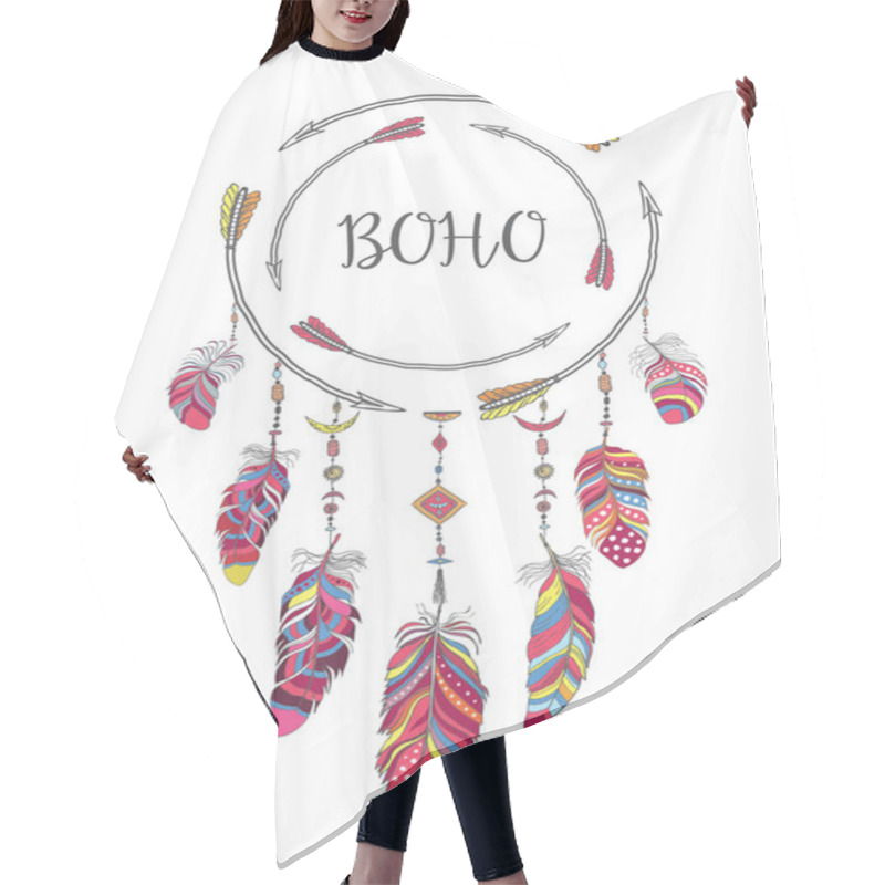 Personality  Boho Style Frame For T-shirt And Decoration. Abstract Design With Bird Feather And Arrow . Hair Cutting Cape