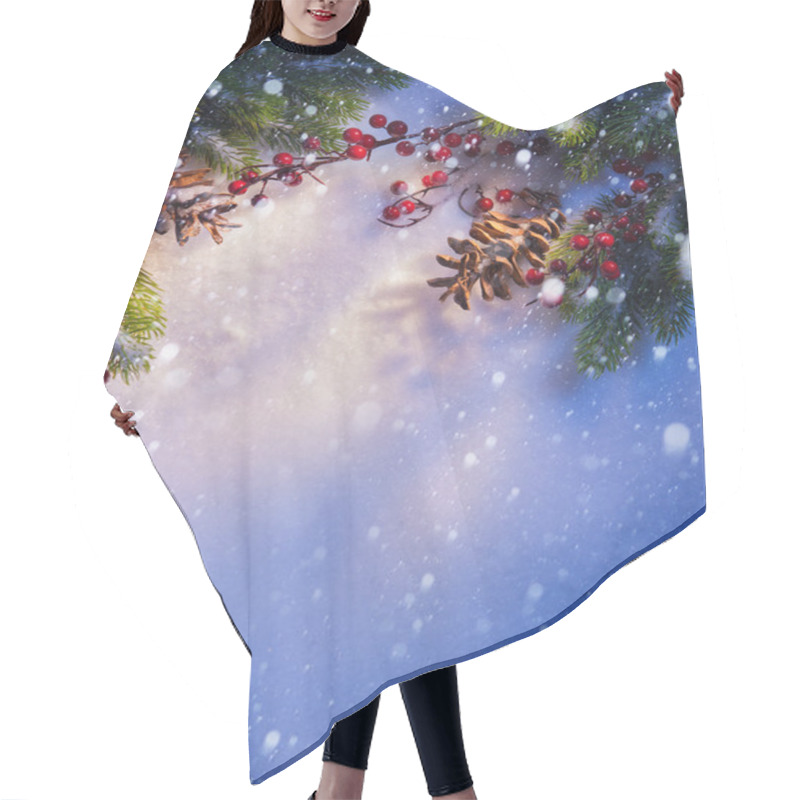 Personality  Blue Snow Christmas Background, Frame Of Fir Branches Hair Cutting Cape