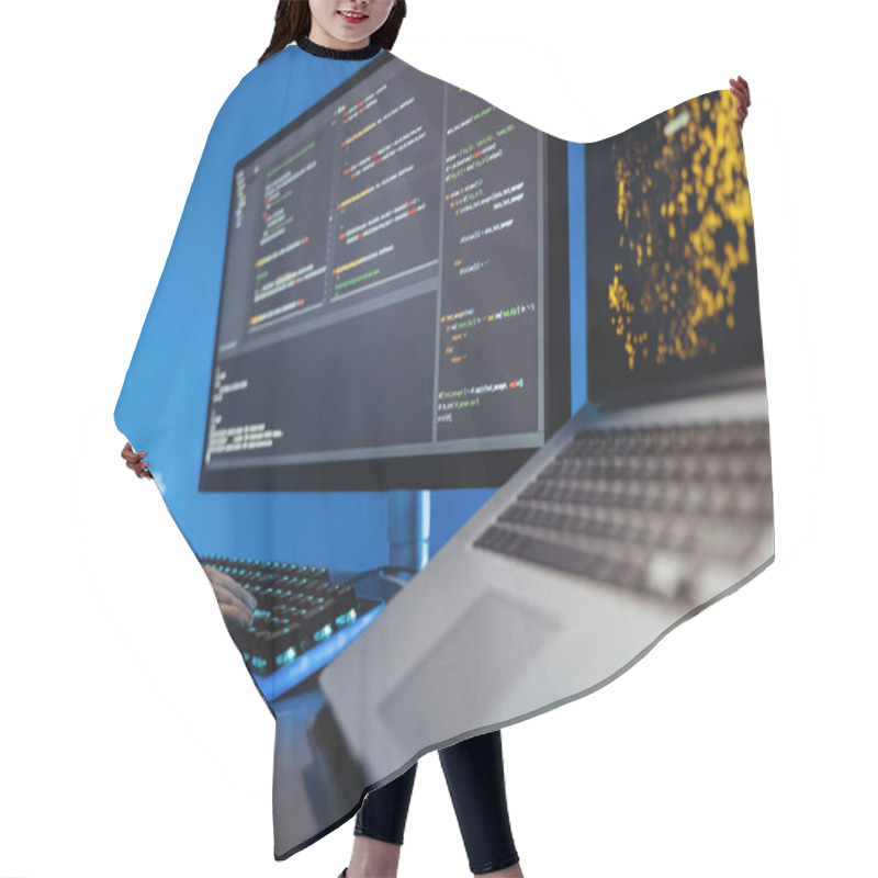 Personality  Data Science Concept. No Face Image Of Male Hands Typing On Keyboard, Writing Html Code For Website, Sitting At Desk With Pc And Laptop, Working On Project In Software Development Company Hair Cutting Cape