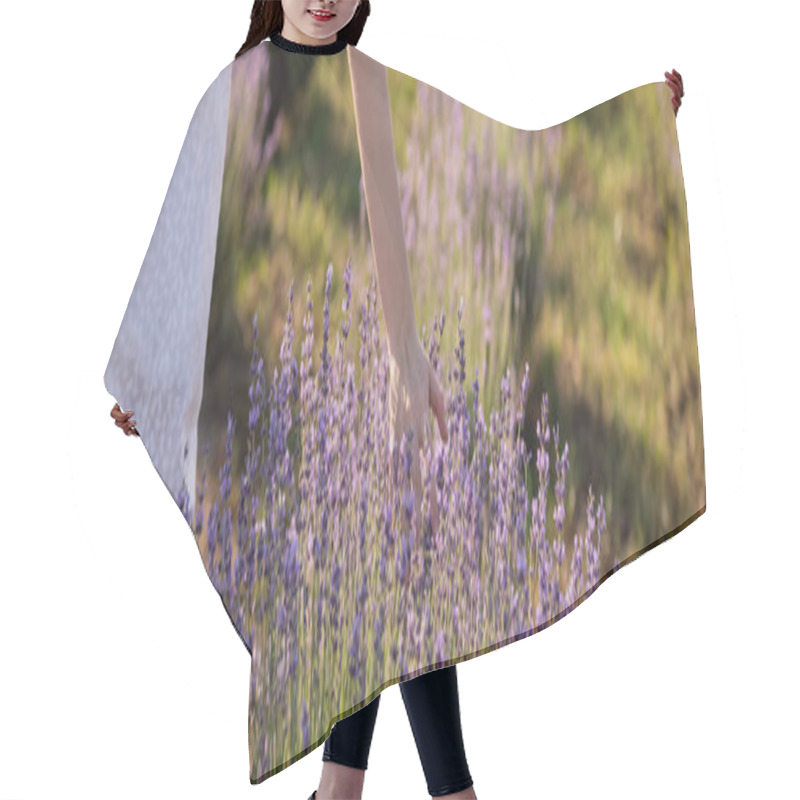 Personality  Partial View Of Woman Near Lavender Blooming In Meadow, Banner Hair Cutting Cape