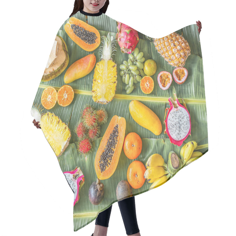 Personality  Exotic Fruits On Banana Leaves Background - Papaya, Mango, Pineapple, Banana, Carambola, Dragon Fruit, Lemon, Orange, Water Melon, Coconut, Rambutan, Mangosteen, Longan, Grape And Passion Fruit. Hair Cutting Cape