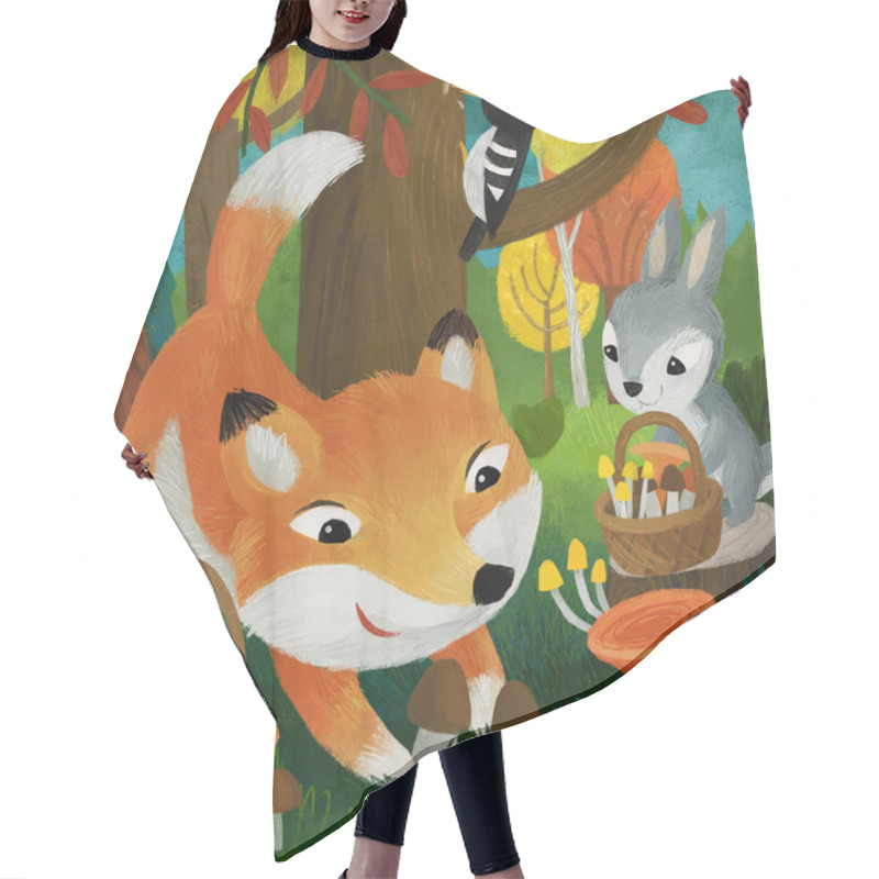 Personality  Cartoon Scene With Different Forest Animals Friends Fox Woodpecker Rabbit Illustration For Kids Hair Cutting Cape