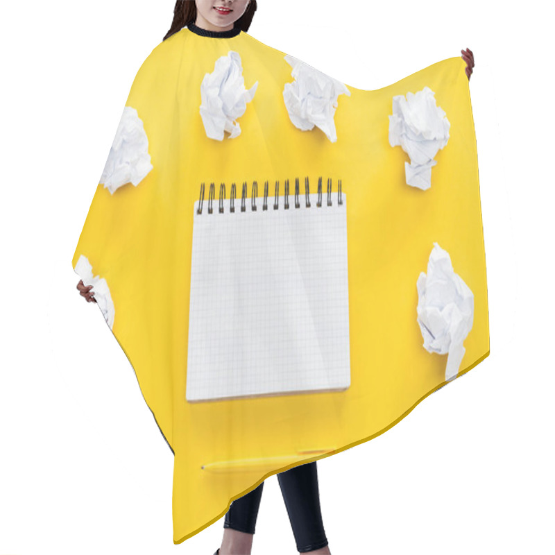 Personality  Blank Spiral Notebook And Crumbled Paper Balls On Yellow Background Hair Cutting Cape