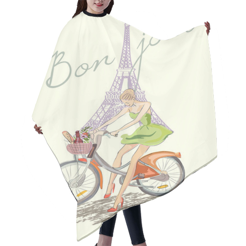 Personality  Fashion Girl On The Bike Near Eiffel Tower Hair Cutting Cape