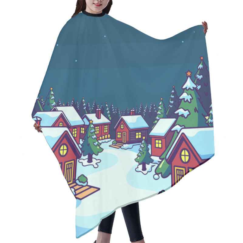 Personality  A Festive Winter Village At Night, Snow-covered Red Wooden Cabins With Glowing Yellow Windows, Surrounded By Tall Evergreen Trees With Snow-laden Branches. Hair Cutting Cape