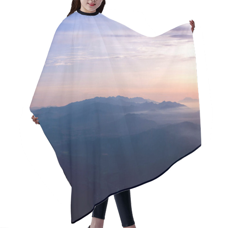 Personality  Serene Mountain Landscape At Dusk With Soft Hues Of Purple And Orange. Hair Cutting Cape