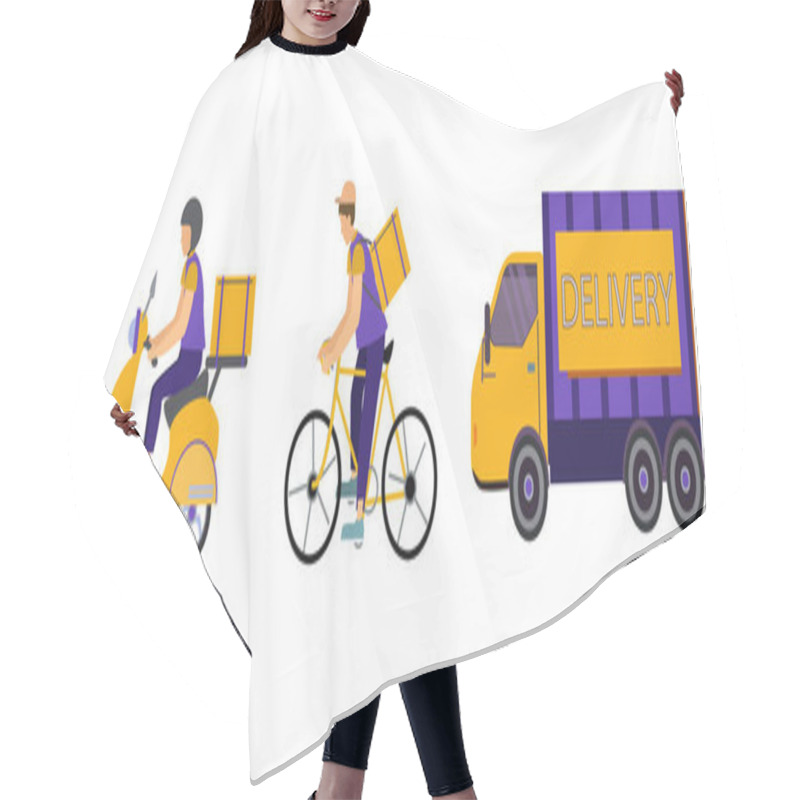 Personality  Vector Icons With Delivery Men Riding Bike And Scooter Near Truck With Delivery Lettering On White  Hair Cutting Cape