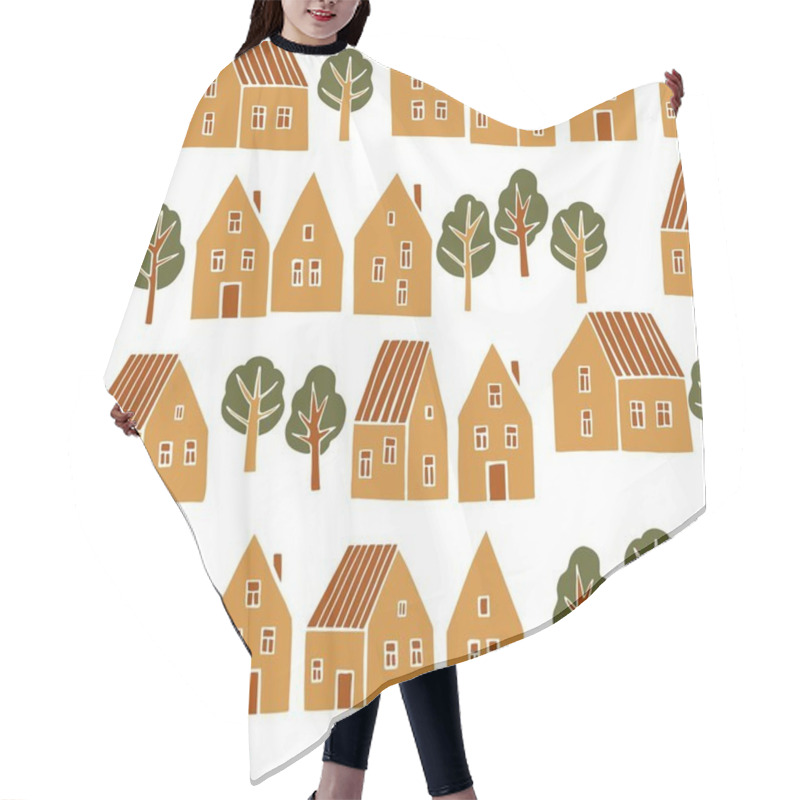 Personality  Hand Drawn Cute  Houses And Trees On White Background.  Vector  Seamless Pattern. Hair Cutting Cape