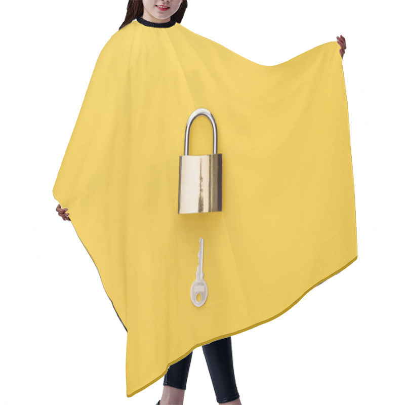 Personality  Top View Of Padlock And Key On Yellow Background Hair Cutting Cape