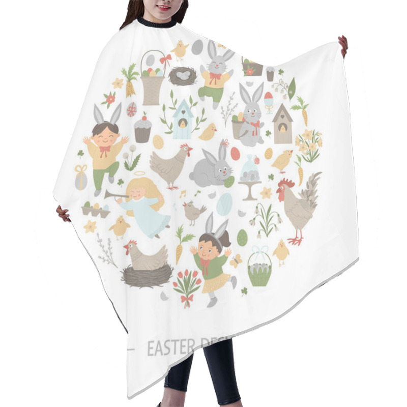 Personality  Vector Easter Round Frame With Bunny, Eggs And Happy Children Is Hair Cutting Cape